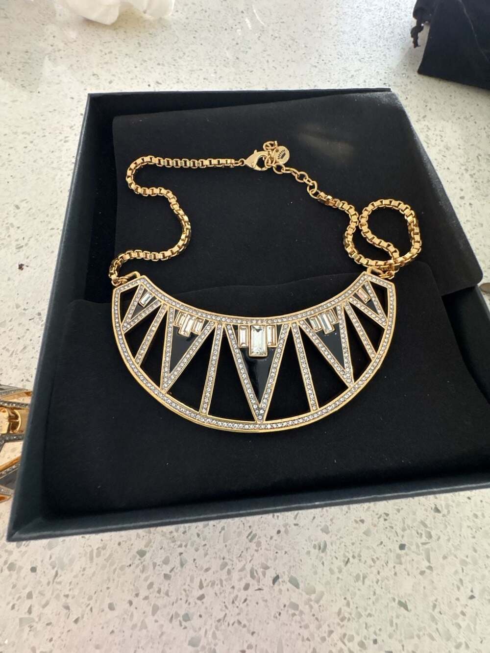 Juicy Couture Art Deco Shield Statement Necklace with Black Enamel and Rhineston